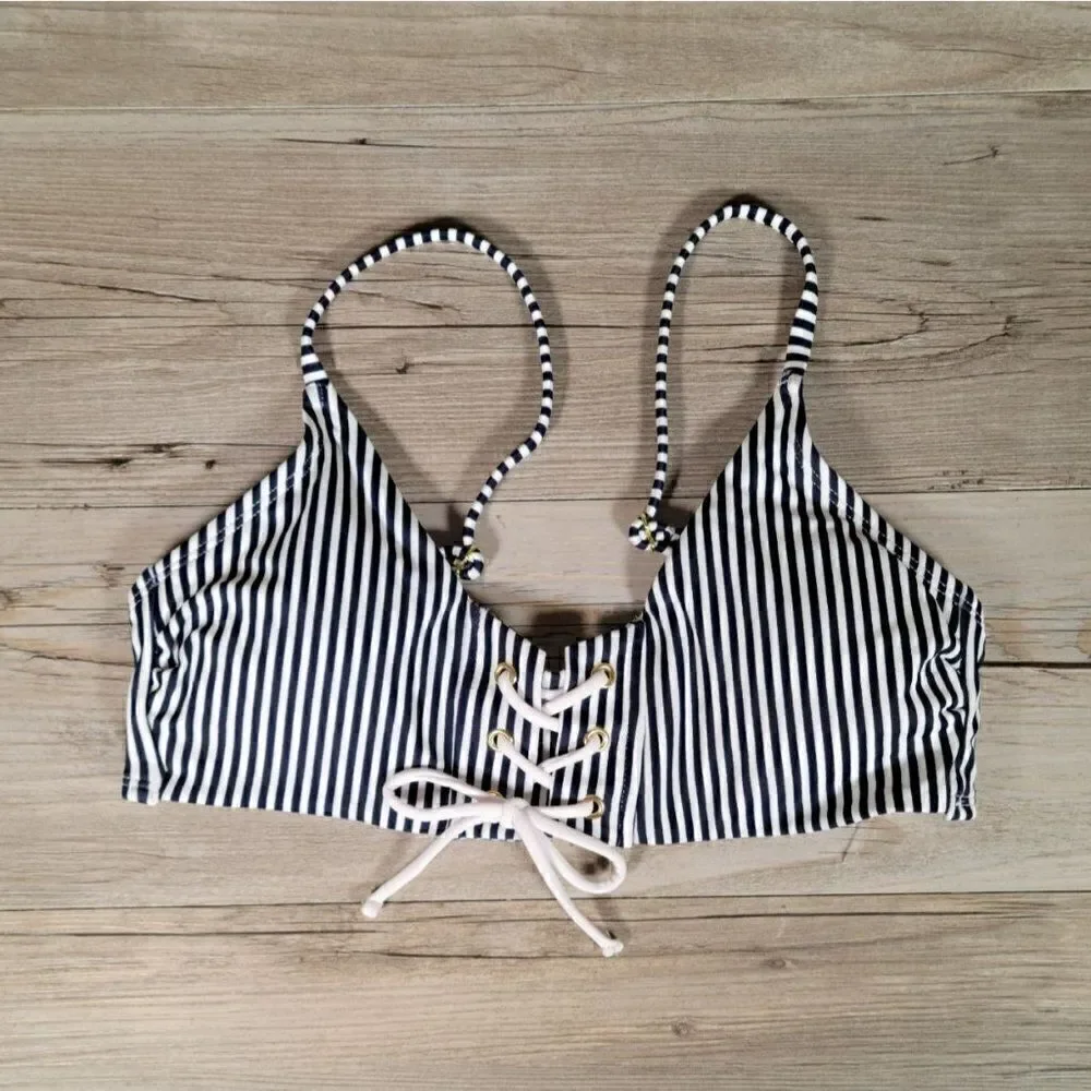 Xhilaration Juniors' Lace-up Front Blue Stripe Bikini Top Sz M